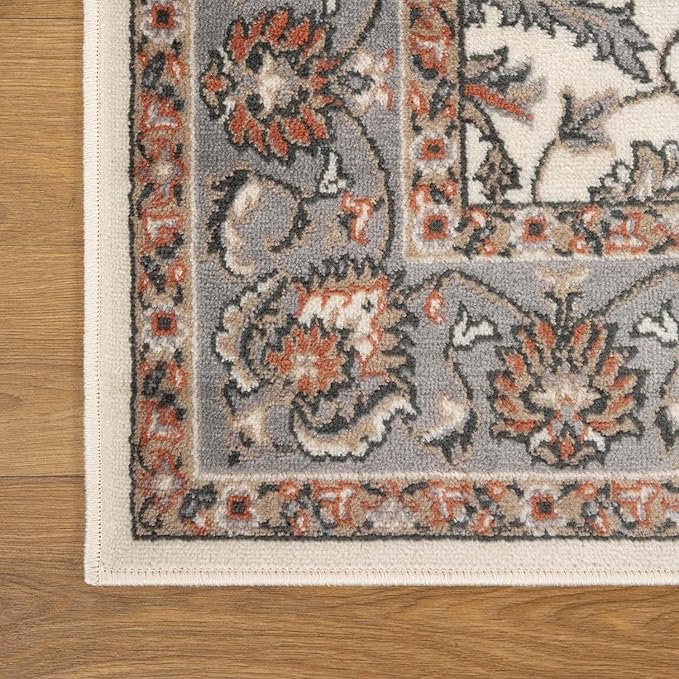 Superior Indoor Area Rug, with Jute Backing, Chic Bordered Floor Decor for Living Room, Bedroom, Office, Entryway, Kitchen, Dining, Floral Design, Lille Collection, 5' x 8', Salmon