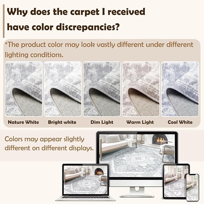 BESTSWEETIE 5x7 Area Rugs for Living Room Washable Non Slip Carpet Low Pile Soft Vintage Print Pattern Rug for Bedroom Dining Room Kitchen Entryway Indoor-Light Grey