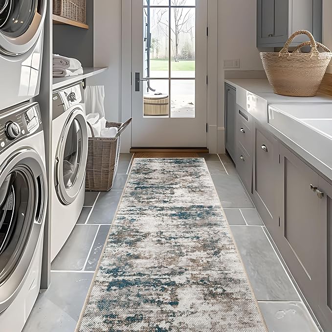 Abstract Washable Runner Rug, 2.6x8 Hallway Runner Rugs No Pile Tear and Stain Resistance, Non-Slip, Hand Woven Style 2.6x8 Kitchen Thin Rug for High traffic Hallway Entrance Laundry- Multi