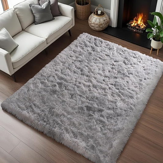 Zentavio Grey and White Area Rugs for Living Room Large Men Room Carpet 6x9 Bedroom Fluffy Furry Shag Aesthetic Plush High Pile Floor Rug for Kids Room Dorm Home Decor Tie-Dyed Grey White