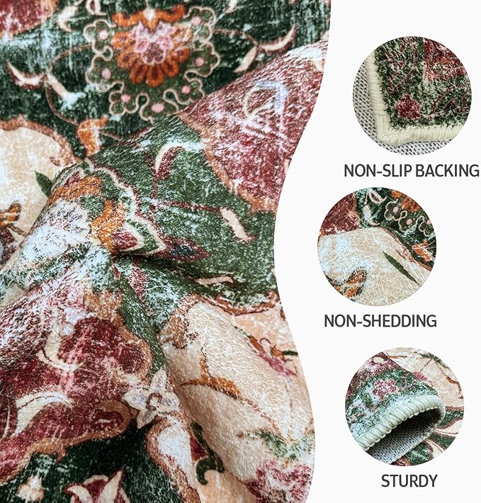 Washable Boho Vintage Area Rugs 5×7 Non-Slip Traditional Red and Green Carpet for Living Room Bedroom Dining Room Farmhouse