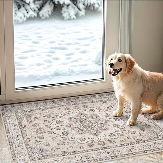 Washable 2x3 Entryway Area Rug: Vintage Non-Slip Backing Rugs for Kitchen Bathroom Water Resistant Carpet for Bedroom Soft Low Pile Front Door Mat for Dining Room 2x3 Cream/Beige