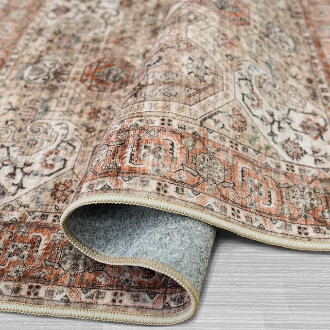 Washable 9x12 Large Area Rug: Vintage Non-Slip Backing Rugs for Living Room Stain Resistant Bedroom Carpet Soft Medallion Farmhouse Floor Mat for Dining Room Home Office 9x12 Orange/Brown