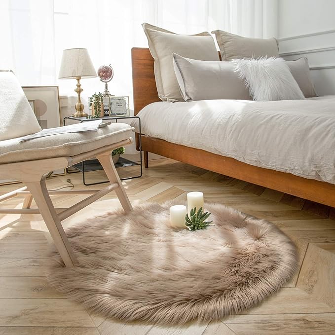 Ashler Faux Fur Beige Round Area Rug Indoor Ultra Soft Fluffy Bedroom Floor Sofa Living Room 35" x 35"