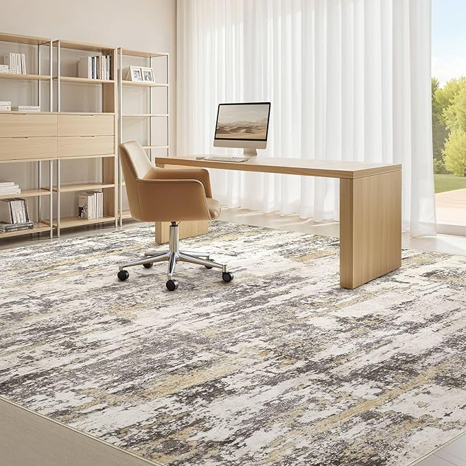 Area Rugs for Living Room: 8x10 Abstract Washable Rug Modern Neutral Large Soft Stain Resistant Non-Slip Backing Machine Table for Bedroom Dining Room Indoor Home Office Carpet - Gold Brown