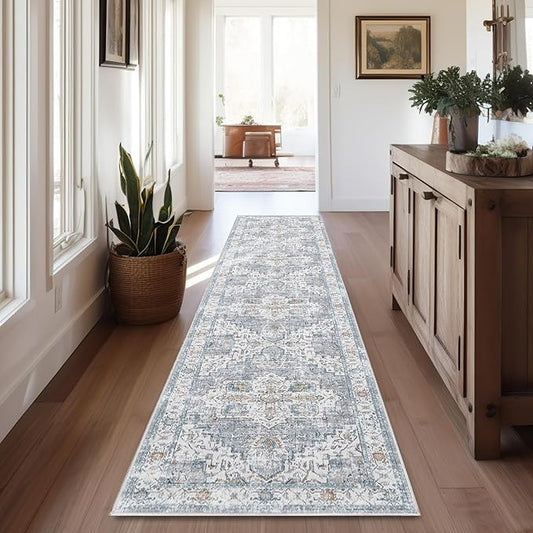 jinchan Hallway Runner Rug 2x10 - Kitchen Machine Washable Vintage Floral Non-Slip with Rubber Backing Ultra-Thin Carpet for Bedroom Laundry Room Living Room (2x10ft,Grey/Blue)