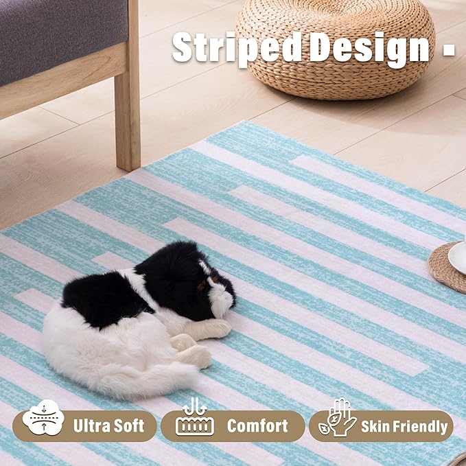 Carvapet Teal Rugs for Living Room, Soft Striped Modern Boho Low Pile Large Carpet with Rubber Backing, Foldable, Non Slip Machine Washable (10 x 8 Feet Rectangular, Teal Area Rug)