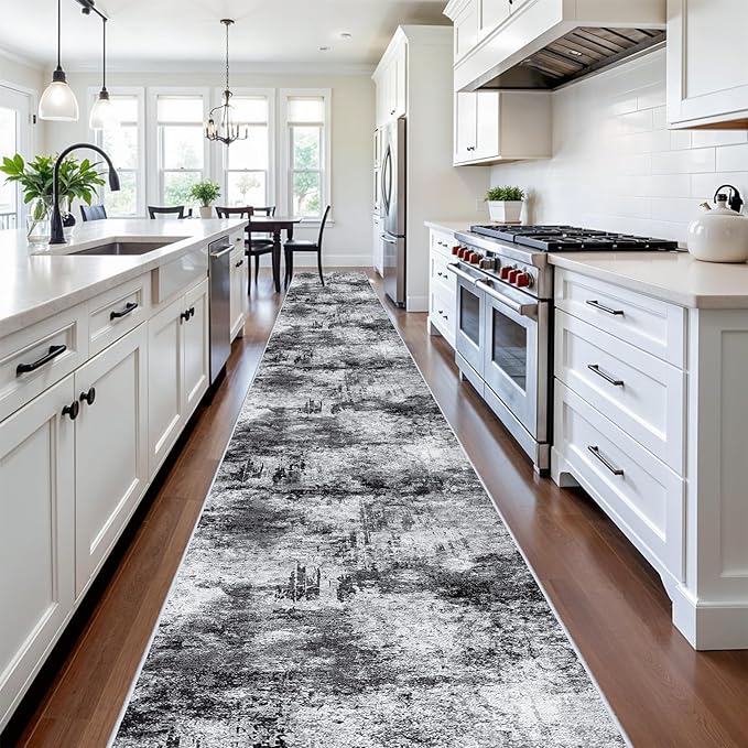 RUUGME Washable Hallway Rug 3x20 - Runner Rug Stain Resistant for Living Room Non Slip Indoor Entryway Rubber Backing Carpet Bedroom Kitchen Distressed Floor Decor Mat Machine Washable 3x20 Black A