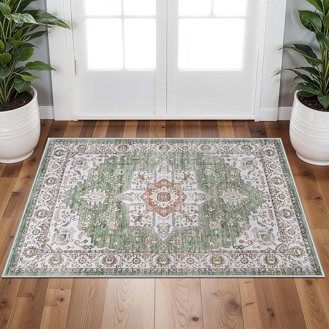 RUUGME Washable 2x3 Area Rugs - Non Slip Rug for Living Room Stain Resistant Carpet Vintage Tribal Rugs for Bedroom Kitchen Bathroom with Non Slip Backing Home Decor Floor Decoration Mat 2x3 Sage