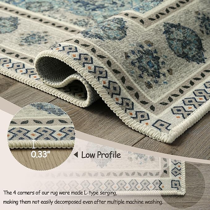 Vintage Washable Area Rug 4x6, Spill-Proof Surface, Non-Slip Backing, Cozy Soft Faux Wool, Printed Rug for Entryway, Living Room, Bedroom- Maya