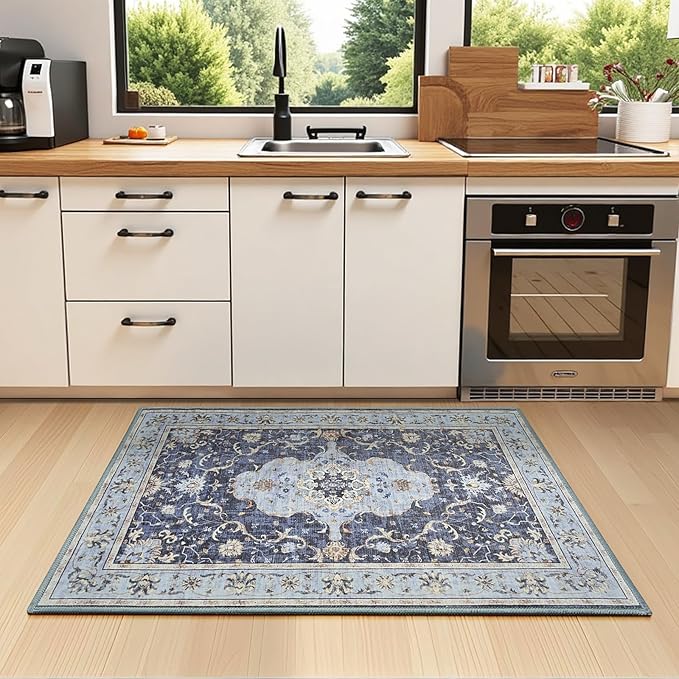 Vasofe Navy Blue 2x3 Small Front Door Mat, Bathroom Rugs, Indoor Entrance Mats, Machine Washable Low-Pile Hallway Entry Carpet, Vintage Floral Print Indoor Floor Throw Carpets for Bedside Kitchen