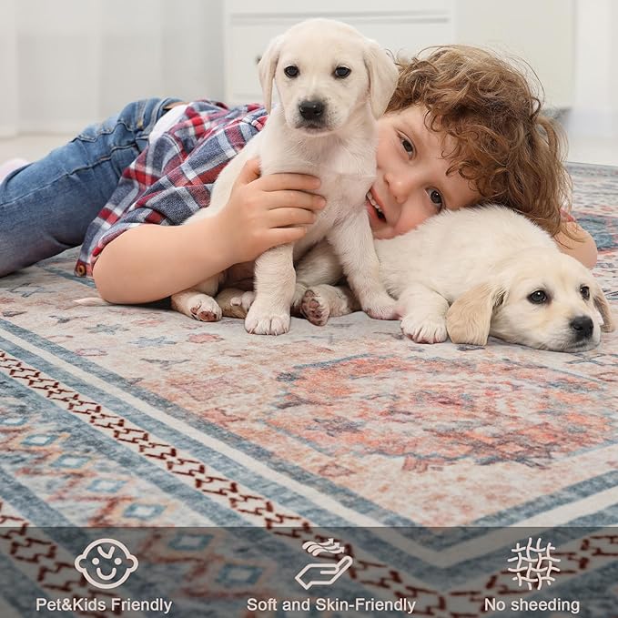 Maxsoft 5X8 Area Rug,Vintage Machine Washable Rugs for Living Room, Soft Non-Slip Low Pile Rug, Stain Resistant Rugs for Kitchen, Bedroom, Dining Room,Laundry Room,Nursery (Light Orange)