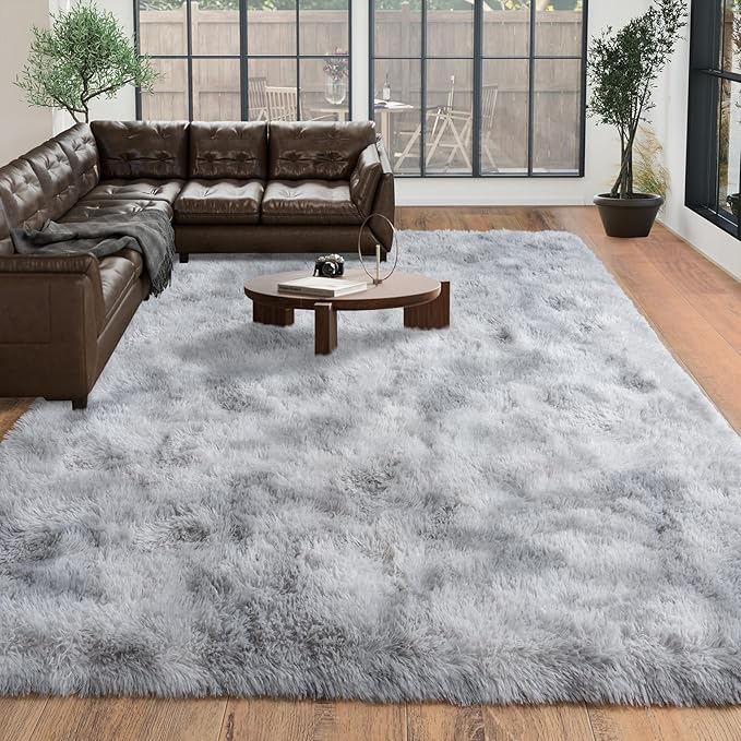 Large Area Rugs 9x12 Living Room, Tie-Dyed Plush Thick Carpets for Boy and Girls Room, Modern Soft Shag Rug for Bedroom, Non Slip, Indoor Carpet for Nursery Dorms Home Decor Aesthetic, Grey