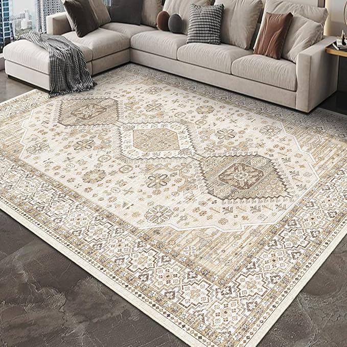 Washable Vintage Area Rug 7x9 Boho Chic Medallion Distressed Design Non-Shedding Easy Care Ideal for High Traffic Areas in Living Room Bedroom Kitchen Office Large Carpet (Beige/Cream, 7X9)