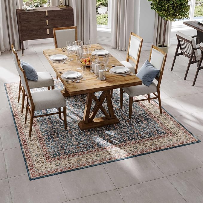 Dripex 6x9 Area Rugs, Machine Washable Non Slip Distressed Boho Rugs, Area Rug for Living Room, No Pile Lightweight Vintage Rug, Soft Accent Carpet for Dining Room,Bedroom,Blue and Red