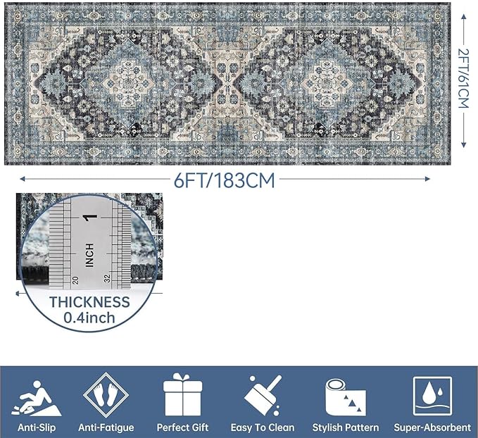 2x6 Washable Runner Rug Non Slip Long Bathroom Hallway Runner Rug Blue Vintage Boho Area Rug Soft Carpet for Bedroom Kitchen Laundry Entryway