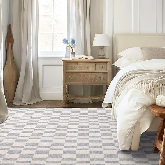 EVERGRACE Checkered Plaid Area Rug 8x10, Soft Fuzzy Faux Wool Rugs Washable Anti Slip Rugs Large Rug Carpet for Entryway Bedroom Living Room Hallway Kitchen Dining Room and Laundry Room, Light Gray
