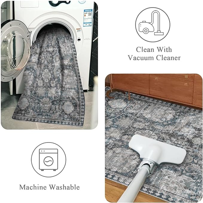 Washable Area Rugs - Perfect for Living Room, Bedroom, Kids Room, Nursery - Stain & Water Resistant Non-Slip, Pet & Child Friendly, Vintage Tribal Area Rugs (Grey and Blue, 5' x 7')