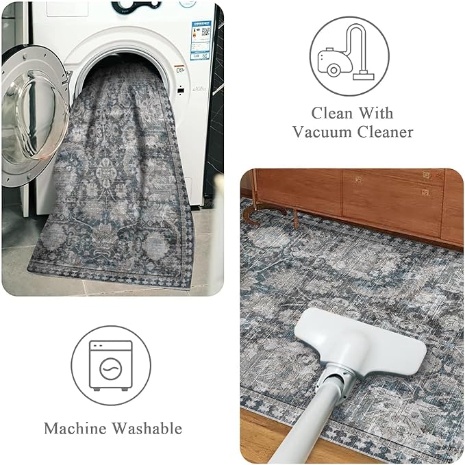 Washable Area Rugs - Perfect for Living Room, Bedroom, Kids Room, Nursery - Stain & Water Resistant Non-Slip, Pet & Child Friendly, Vintage Tribal Area Rugs (Grey and Blue, 8' x 10')