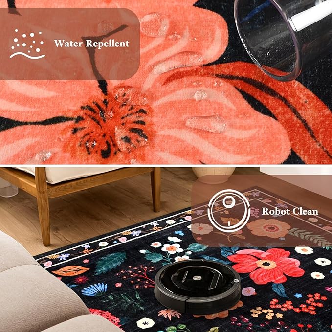 2.5x8 Floral Runner Rug, Flowers Printed Washable Rugs with Non Slip Backing for Girls Bedroom Kitchen Hallway,Cute Carpet Runners Home Aesthetic Decor, Black
