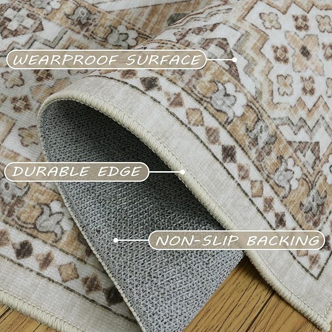 Washable Vintage Area Rug 7x9 Boho Chic Medallion Distressed Design Non-Shedding Easy Care Ideal for High Traffic Areas in Living Room Bedroom Kitchen Office Large Carpet (Beige/Cream, 7X9)