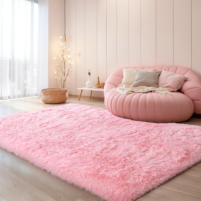 Thick Area Rug 5x8 Pink Fluffy Fuzzy for Girls Bedroom, Washable Plush Pastel Big Rugs for Living Room, Modern Soft Shag Shaggy Furry Thickened Toddler Nursery Kids Dorm Room Carpet