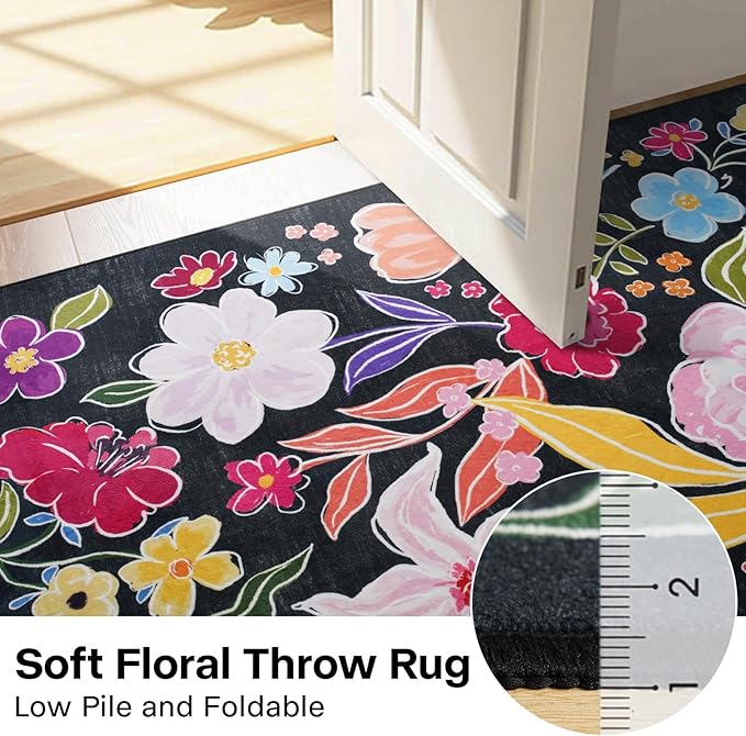 ST. BRIDGE Rugs for Entryway 2x3, Indoor Entrance Rugs Washable Black Boho Floral Throw Rug Non-Slip Low Pile Front Door Mat, Soft Small Area Rug Entry Rug for Bedroom Kitchen Bathroom