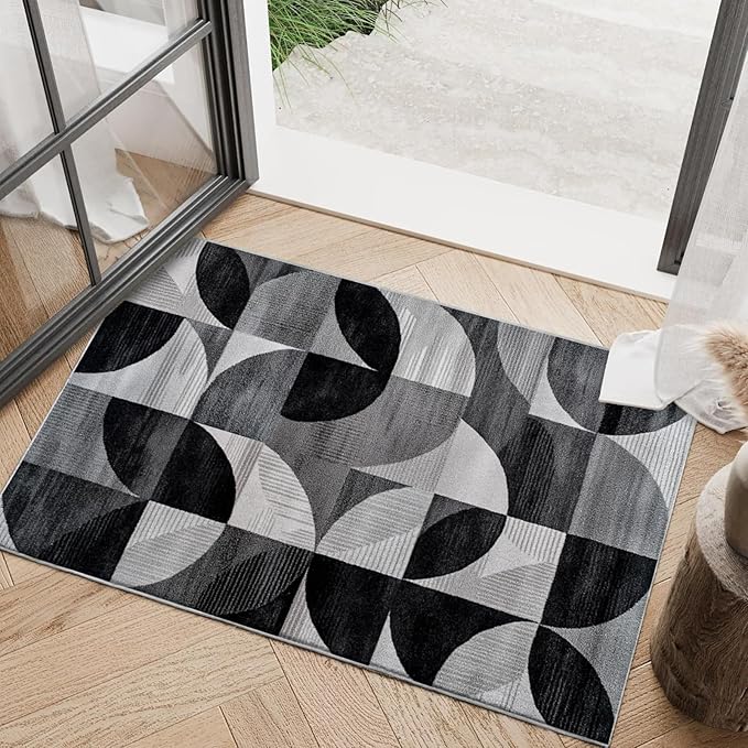2x3 Area Rugs for Living Room Machine Washable Geometric Boho Rug Non Slip Printed Black and Grey Rug Carpet Friendly Modern Rug for Bathroom Bedroom Dining Room Kitchen