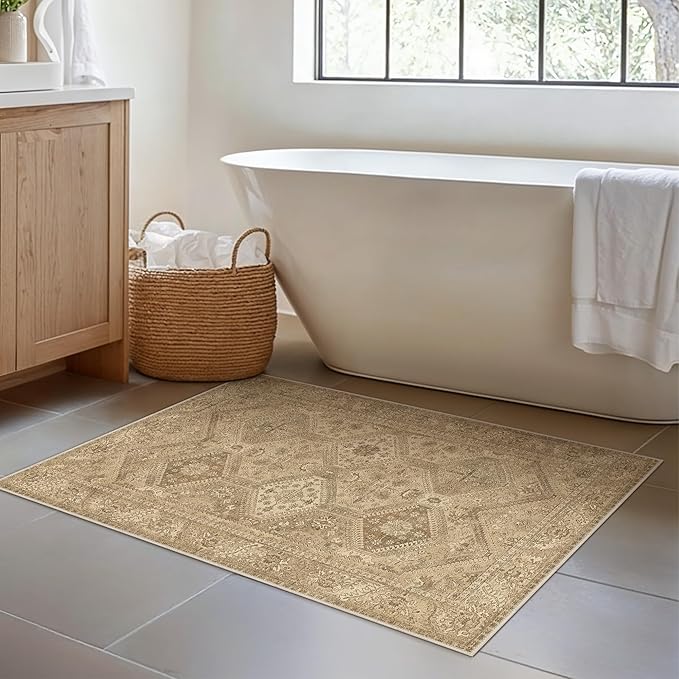 Bavni Clearance 2x3 Rugs for Entryway Indoor, Machine Washable Area Rug Non Slip, Vintage Distressed Throw Rugs, Ultra-Thin Small Entry Carpet, Low Pile Door Mat for Entrance, Bedroom, Bathroom, Brown