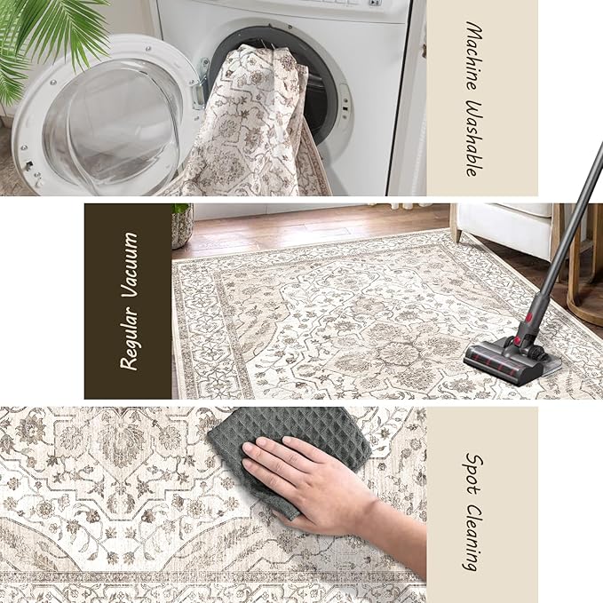 8'x10' Machine Washable Vintage Design Area Rug - Non Slip, Stain Resistant for Home, Office, Machine Washable Area Rugs 8x10 for Living Room (Beige Cream 8x10)