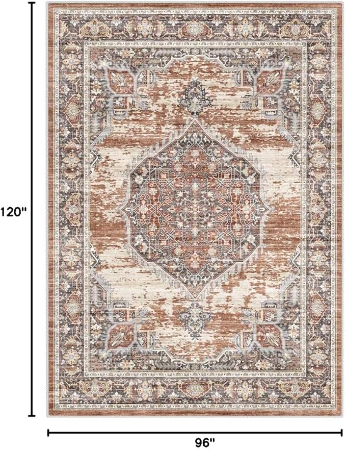 Washable Rug 8x10 Area Rugs: Super Soft Ultra-Thin Carpet - Non-Slip Backing Rugs for Bedroom Dining Room - Stain Resistant Vintage Large Area Rug 8'x10' Brick