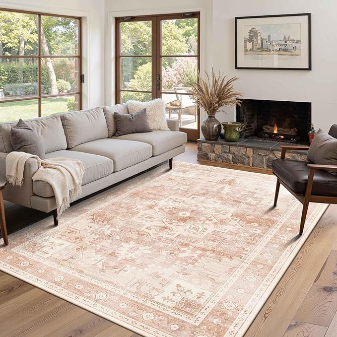 5X7 Washable Area Rug for Living Room, Vintage Large Boho Rugs for Office, Dining Room, Kids Room, Farmhouse, Low Pile Non Slip Carpet for High Traffic Areas, Orange