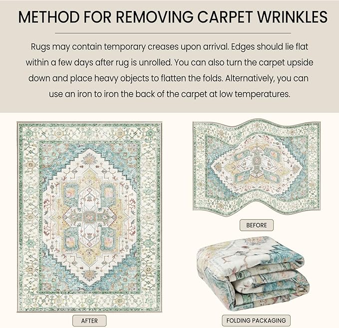 Washable 9x12 Area Rugs, Rugs for Living Room, Low-Pile Water&Stain Resistant Carpet Vintage Distressed Printed Non-Slip Carpet for Bedroom Bathroom Kitchen-Grass Green