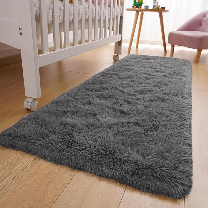 YJ.GWL Fluffy Runner Rugs for Bedroom Living Room Soft Shag Rug 2x6 Feet, Dark Grey Plush Carpet Non Slip for Nursery Dorm, Fuzzy Bedside Rug for Kids Boys Girls Room Home Decor
