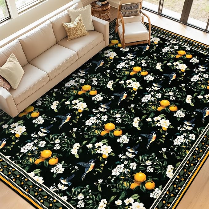 ASPMIZ Black Floral Area Rug 8x10 Vintage Large Rugs for Living Room Washable Lemon Throw Rugs Non Slip Foldable Soft Low Pile Hummingbird Floor Carpet for Bedroom Kitchen Dining Room Nursery Office