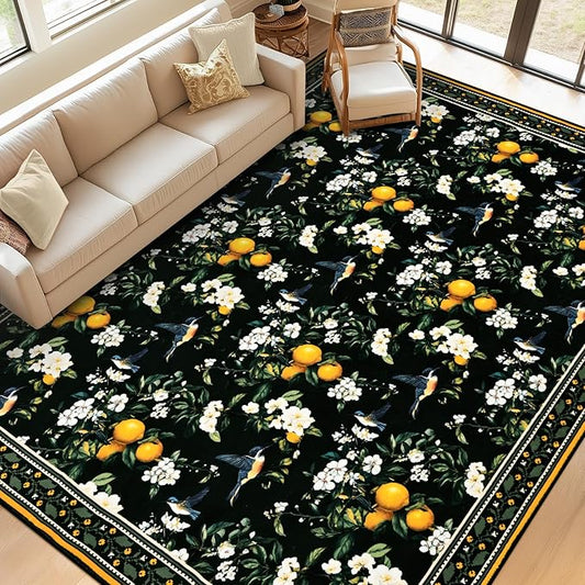 ASPMIZ Black Floral Area Rug 8x10 Vintage Large Rugs for Living Room Washable Lemon Throw Rugs Non Slip Foldable Soft Low Pile Hummingbird Floor Carpet for Bedroom Kitchen Dining Room Nursery Office