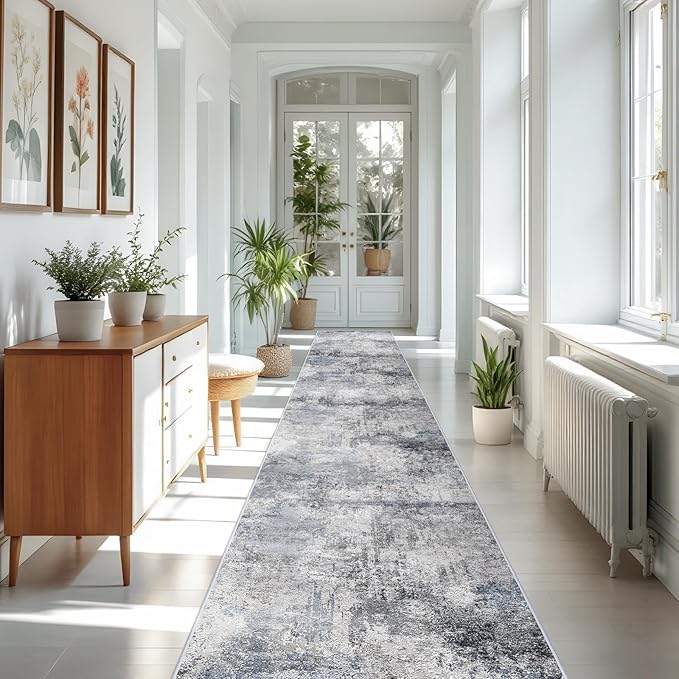 RUUGME 3x16 Runner Rug Hallway - Runner Rug Stain Resistant for Living Room Non Slip Indoor Entryway Rubber Backing Carpet Bedroom Kitchen Distressed Floor Decor Mat Machine Washable 3x16 Blue