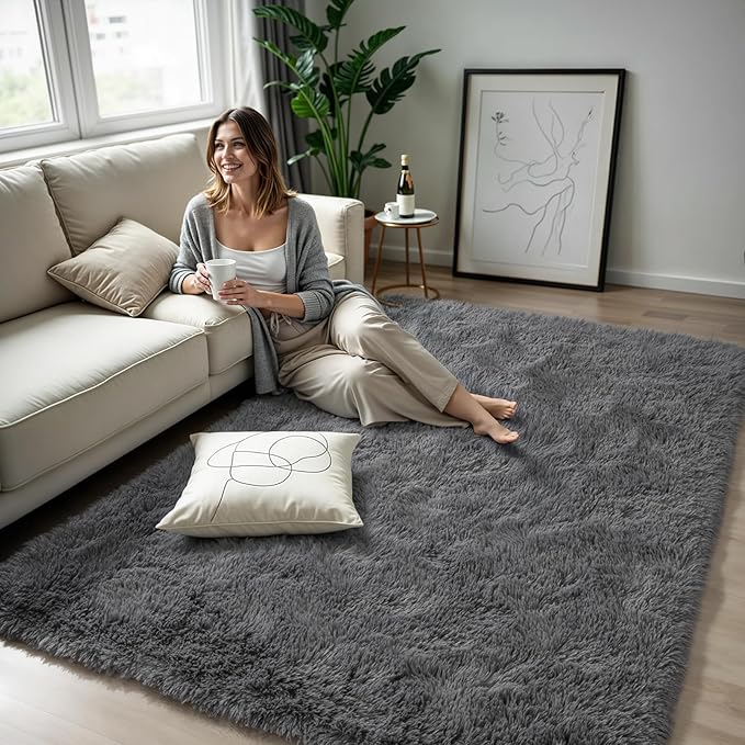 Zentavio Area Rugs for Living Room Grey Rugs for Bedroom Large 5x8 Carpet Fluffy Furry Soft Shag Aesthetic Plush High Pile Gray Throw Rug for Nursery Kids Room Dorm