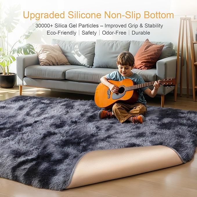 Thick Area Rug Dark Grey 5x8 Fluffy Shag for Bedroom Living Room Soft Plush Washable Thickened Non-Slip Fuzzy Carpet for Kids Baby Nursery Cozy Shaggy Floor Rugs for Dorm, Tie-Dye Gray