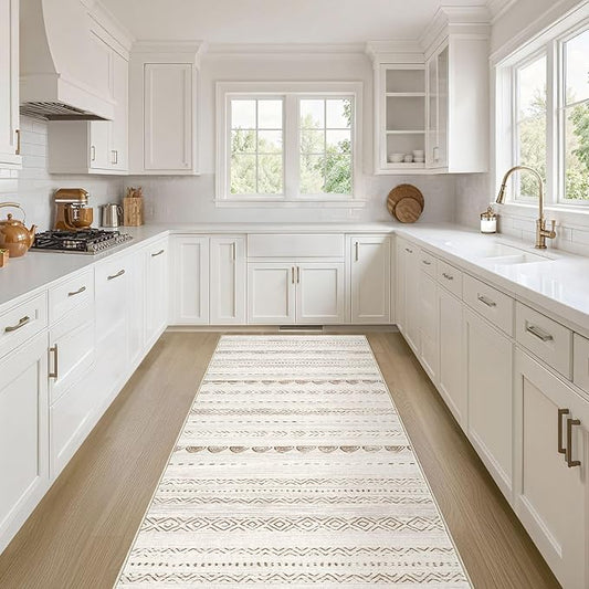 Runner Rug Kitchen Washable Rugs: 2x6 Non-Slip Boho Soft Modern Stain Resistant Indoor Floor Neutral Farmhouse Throw Carpet for Hallway Bathroom Laundry Room Entryway Bedroom- Beige