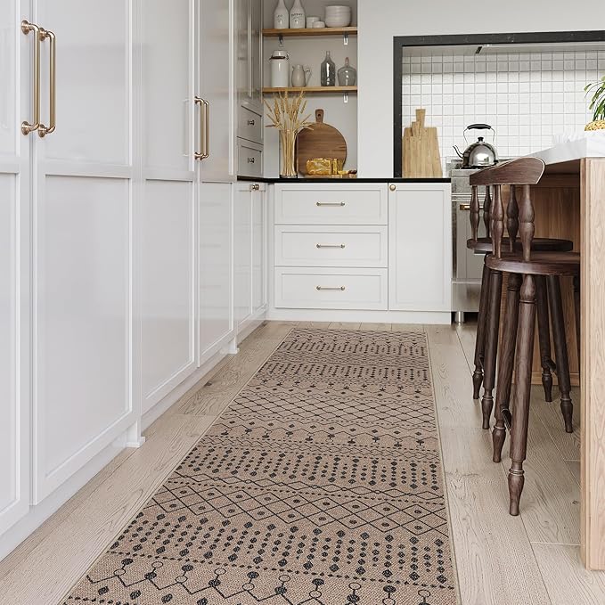 Lahome Washable Easy Jute Rug Runners for Hallways Non Slip, 2'6x8 Neutral Rugs for Kitchen Floor, Farmhouse Tribal Low Pile Indoor Outdoor Throw Carpet Runner for Entryway Stairway Porch Bathroom