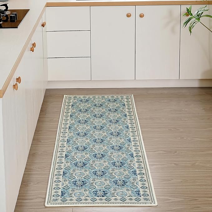 Vintage Runner Rug Washable Area Rug 2x6, Spill-Proof Surface, Non-Slip Backing, Cozy Soft Faux Wool, Printed Rug for Hallway, Kitchen, Entryway - Maya