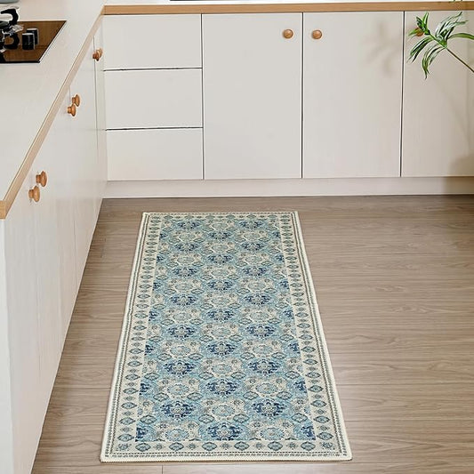Vintage Runner Rug Washable Area Rug 2x6, Spill-Proof Surface, Non-Slip Backing, Cozy Soft Faux Wool, Printed Rug for Hallway, Kitchen, Entryway - Maya