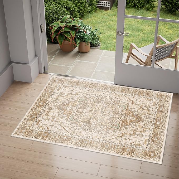 2x3 Area Rug Boho Machine Washable Living Room Rug Non Slip Low Pile Vintage Print Distressed Soft Carpet for Bedroom Diningroom Neutral Brown/Beige/Pink/Green