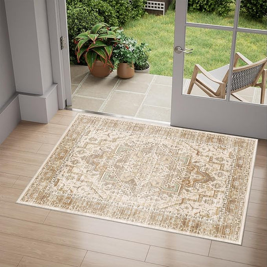 2x3 Area Rug Boho Machine Washable Living Room Rug Non Slip Low Pile Vintage Print Distressed Soft Carpet for Bedroom Diningroom Neutral Brown/Beige/Pink/Green