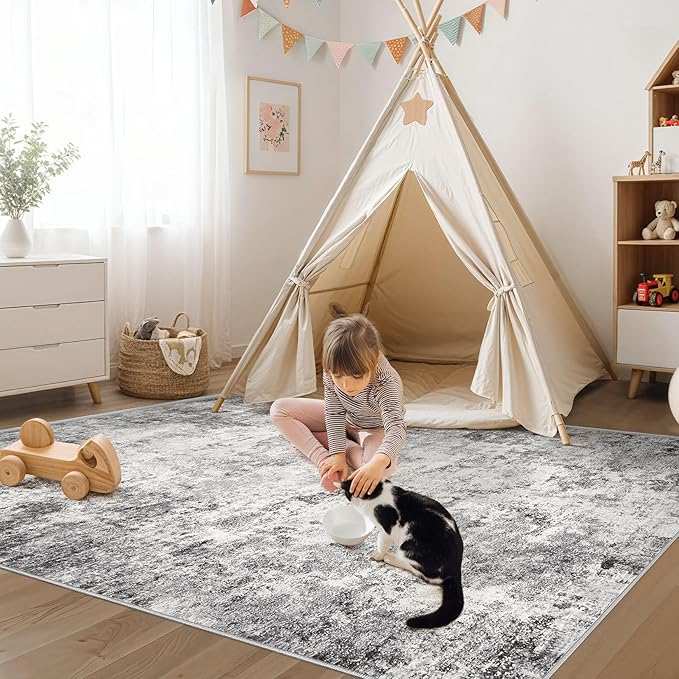3x5 Area Rug Living Room Rugs - Washable Neutral Modern Abstract Soft Thin Rug Indoor Floor No Slip Rug Carpet for Bedroom Under Dining Table Home Office Decor - Grey
