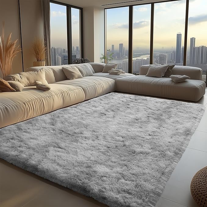 Zentavio Grey and White Area Rugs for Living Room Men Room Carpet 4x6 Bedroom Fluffy Furry Shag Aesthetic Plush High Pile Floor Rug for Kids Room Dorm Home Decor Tie-Dyed Grey White