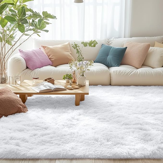 OLANLY Area Rugs for Living Room Bedroom, Machine Washable 4x5.9 Feet Soft Fluffy Shaggy Bedside Rug, Indoor Floor Carpet for Kids Girls and Boys, Dorms, Nursery Rooms, Home Decor Aesthetic, White