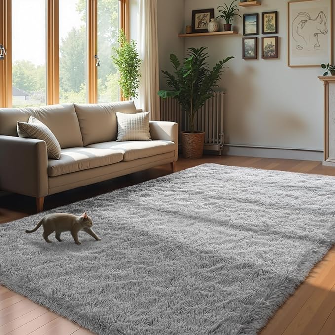 Zentavio Area Rugs for Living Room Large Rugs for Bedroom 5x8 Carpet Fluffy Furry Soft Shag Aesthetic Plush High Pile Gray Throw Rug for Nursery Kids Room Dorm Light Grey