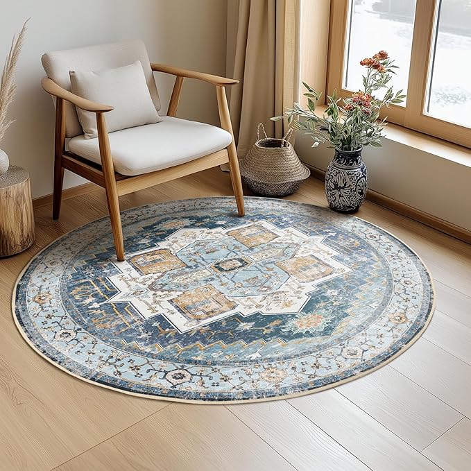 Washable 4ft Area Rugs, Rugs for Living Room, Low-Pile Water&Stain Resistant Carpet Vintage Distressed Printed Non-Slip Carpet for Bedroom Bathroom Kitchen-Sky Blue